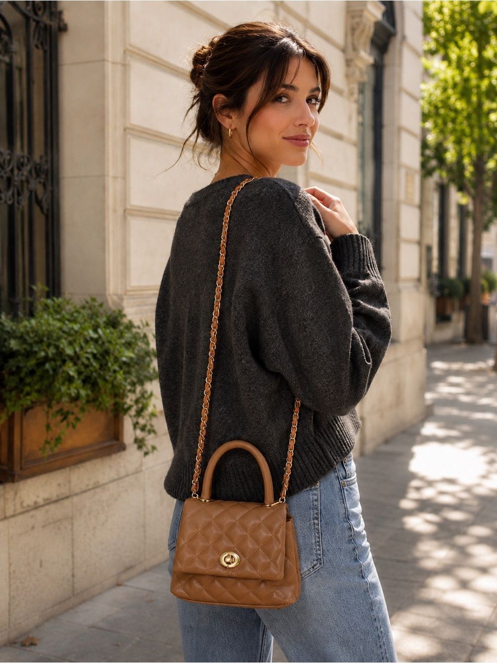 Quilted Faux Leather Top Handle Chain Strap Shoulder Bag – Classic Cognac Brown